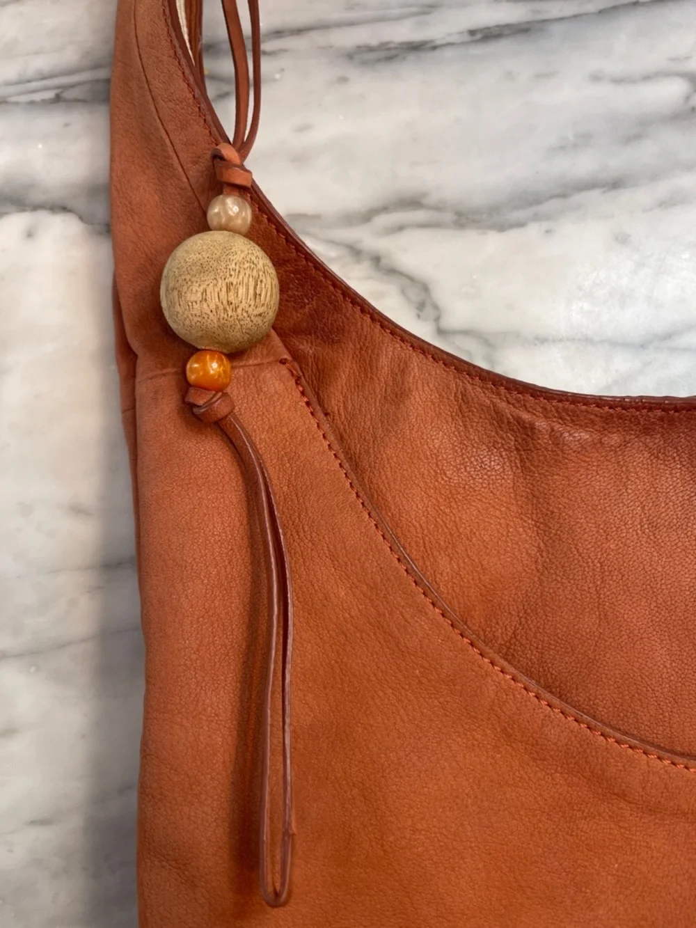 Lucky Brand Russet Leather Boho Hobo Bag with Stone Bead Detail